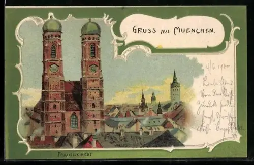 Lithographie München, Ortspartie mit der Frauenkirche