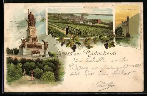 Lithographie Rüdesheim am Rhein, National-Denmal A.D. Niederwald, Total-Ansicht, Mäuseturm