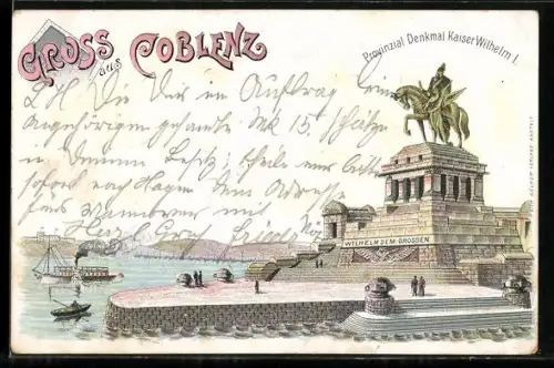 Lithographie Coblenz, Denkmal für Kaiser Wilhelm I. zu Pferde