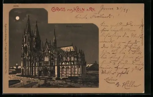 AK Köln a. Rh., Südseite des Kölner Doms bei Nacht