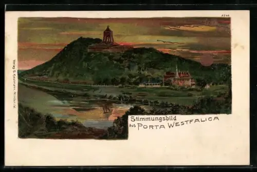 Lithographie Porta Westfalica, Panorama mit Denkmal bei Sonnenuntergang