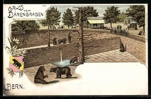 Lithographie Bern, Bärengraben im Zoologischen Garten
