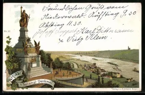 Lithographie National-Denkmal mit Blick auf Stadt und Fluss