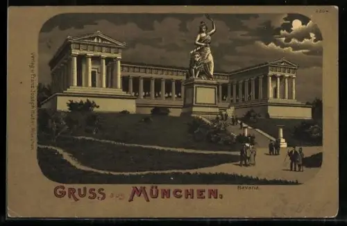 AK München, Ruhmeshalle mit der Bavaria bei Nacht