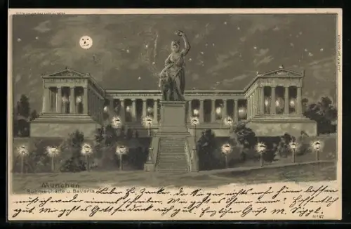 AK München, Ruhmeshalle mit Bavaria bei Nacht