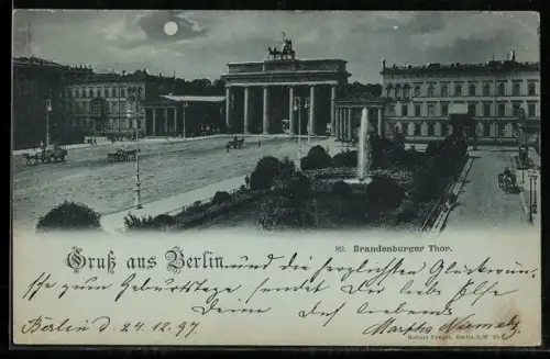 Mondschein-AK Berlin, Partie am Brandenburger Tor mit Parkanlagen