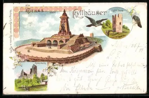 Lithographie Kyffhäuser, Kyffhäuser-Denkmal, Kyffh. Burg, Rotenburg