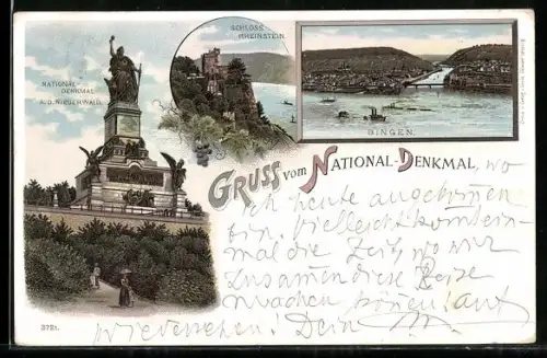Lithographie Bingen / Rhein, National-Denkmal a.d. Niederwald, Schloss Rheinstein, Ortsansicht