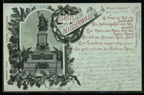 Lithographie Niederwald, Partie am Nationaldenkmal