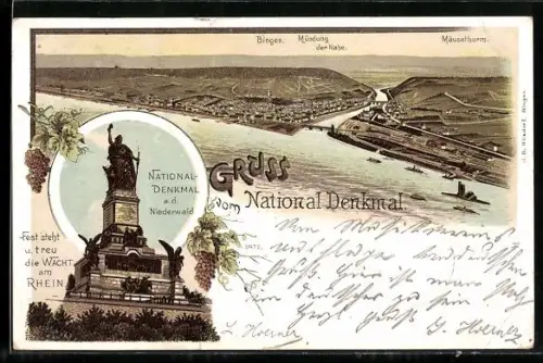 Lithographie Bingen / Rhein, Ortsansicht mit Nahemündung u. Mäuseturm, Niederwald-Denkmal über Rüdesheim