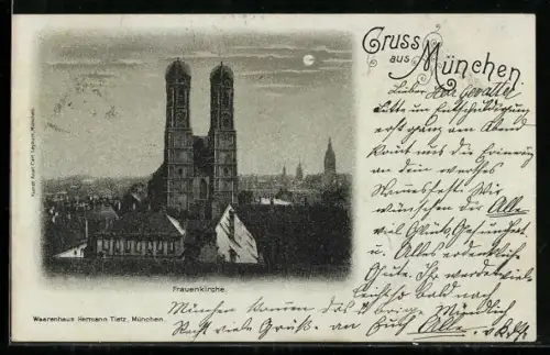 Mondschein-AK München, Frauenkirche und umgebende Gebäude bei nacht