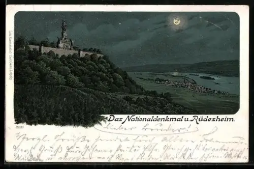 Lithographie Rüdesheim, Nationaldenkmal mit Umgebung und Ortsansicht bei Nacht
