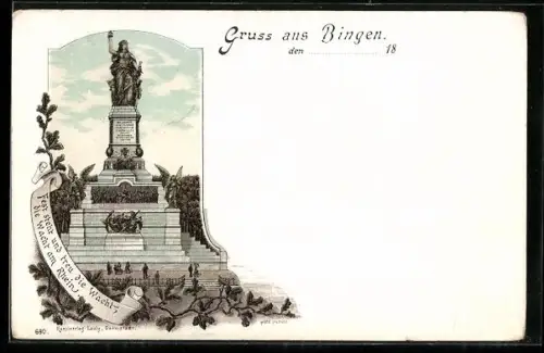 Lithographie Bingen, Nationaldenkmal mit Schriftzug die Wacht am Rhein
