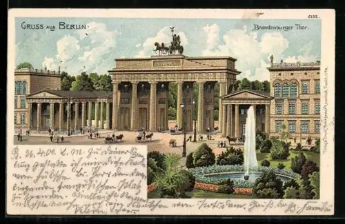 Lithographie Berlin, Brandenburger Tor mit Fontäne und Pferdewägen