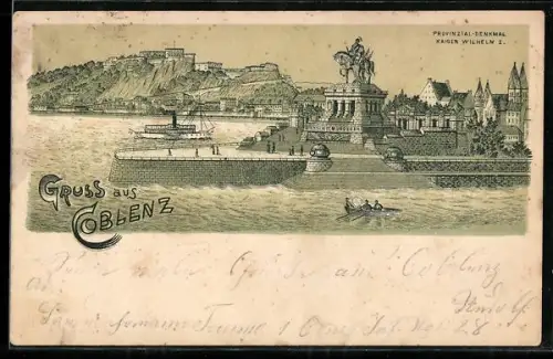 Lithographie Coblenz, Provinzial-Denkmal Kaiser Wilhelm I.