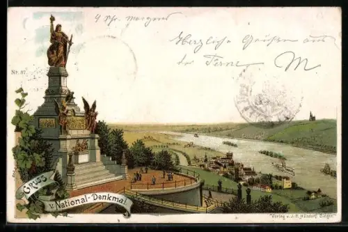 Lithographie Niederwald, Blick auf das National-Denkmal, Dampfer auf dem Rhein