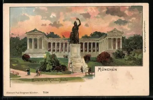 Künstler-AK Karl Heinisch: München, Bavaria mit Ruhmeshalle, Leute