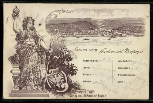 Lithographie Bingen, Ortsansicht vom Wasser aus, Niederwald-Denkmal
