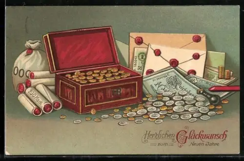 AK Glückwünsche zum Geburtstage, Geld, Münzen und Scheine