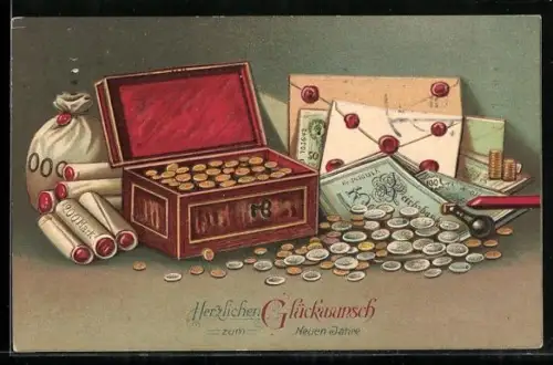 AK Glückwünsche zum Geburtstage, Geld, Münzen und Scheine