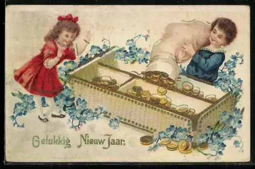 AK Kinder schütten Münzen in einen Korb, Vergissmeinnicht, Neujahr