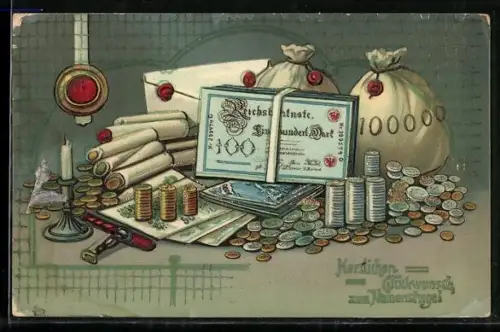 AK Fröhliches Neujahr, Reichsbanknoten und Münzen