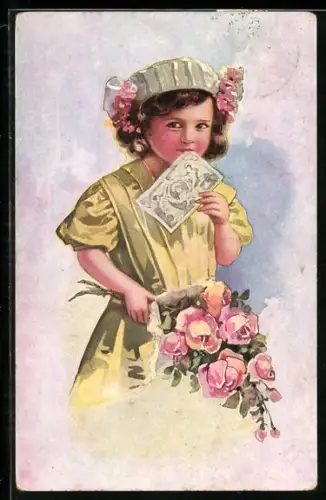 AK Kleines Mädchen überreicht Blumen und Geld zum Geburtstag