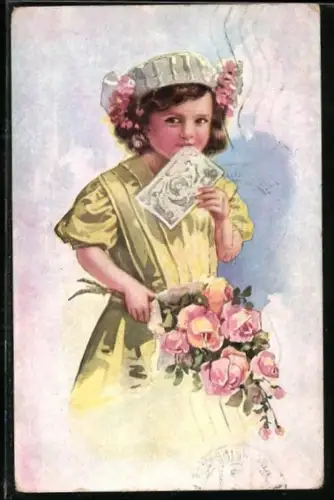 AK Kleines Mädchen überreicht Blumen und Geld zum Geburtstag