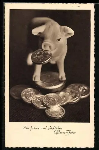 AK Glücksschwein mit Geldmünze in der Schnauze