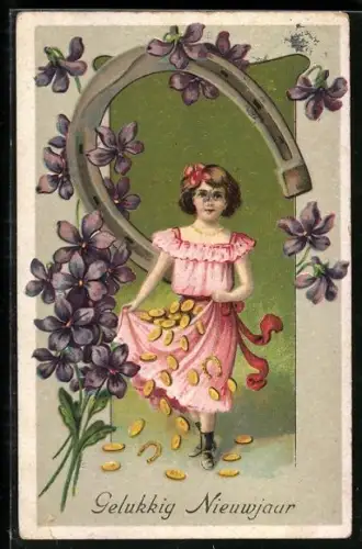 Präge-AK Kleines Mädchen mit Geldmünzen und Hufeisen