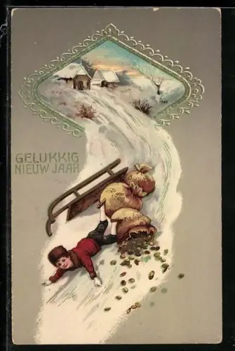 AK Kleiner Junge fällt mit Geldmünzen von einem Schlitten