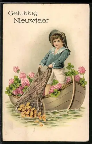 AK Kleiner Junge fischt Münzen aus einem Teich