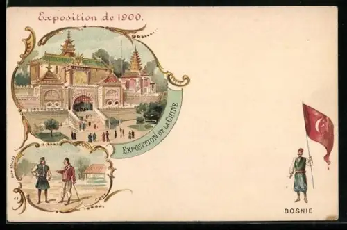 Lithographie Paris, Exposition universelle de 1900, Exposition de la Chine, Bosnie