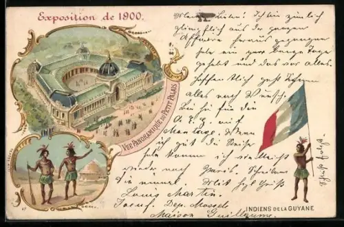 Lithographie Paris, Exposition universelle de 1900, Vue Panoramique du Petit Palais, Indiens de la Guyane