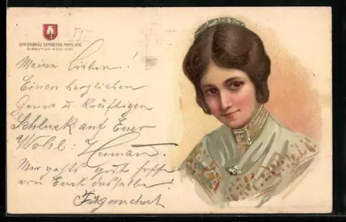 Lithographie Paris, Spatenbräu Exposition de 1900, Junge Frau im eleganten Kleid