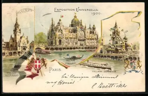 Lithographie Paris, Exposition universelle de 1900, Palais Italien, Palais Suedois & Palais Allemand