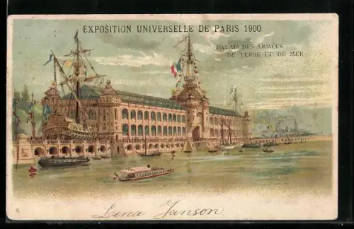 Lithographie Paris, Exposition universelle de 1900, Palais des Armées de Terre et de Mer