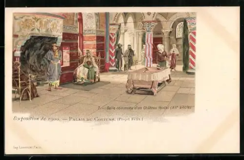 Lithographie Paris, Exposition universelle de 1900, Palais du Costume, Salle commune d`un Chateau feodal