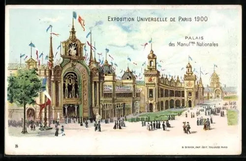 Lithographie Paris, Exposition universelle de 1900, Palais des Manufactures Nationales