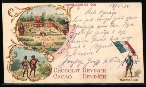 Künstler-AK Paris, Exposition universelle de 1900, Palais Japonais, Madagascar, Chocolat Cacao Devinck, Reklame