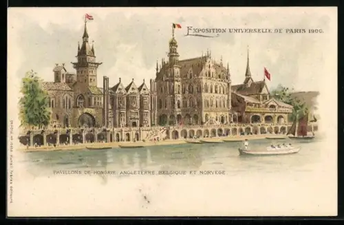 Lithographie Paris, Exposition universelle de 1900, Pavillons de Hongrie, Angleterre, Belgique et Norvège