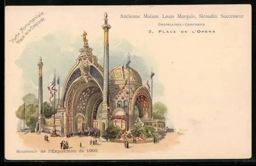 Lithographie Paris, Exposition universelle de 1900, Porte Monumentale Place de la Concorde