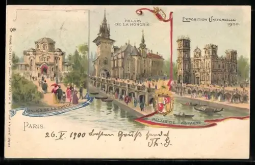 Lithographie Paris, Exposition universelle de 1900, Palais de la Grece, de la Hongrie, de l`Espagne