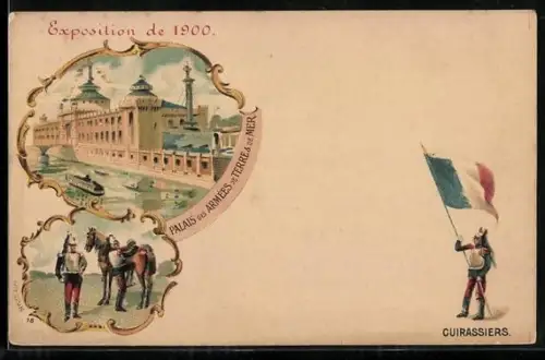 Künstler-AK Paris, Exposition de 1900, Palais des Armées de Terre & de Mer, Cuirassiers