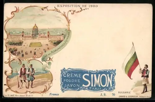 Künstler-AK Paris, Exposition de 1900, Palais des Manufactures Nationales, Bulgarie, Crème Poudre Savon Simon, Reklame