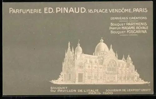 Lithographie Paris, Exposition universelle de 1900, Parfumerie Ed. Pinaud, 18, Place Vendôme