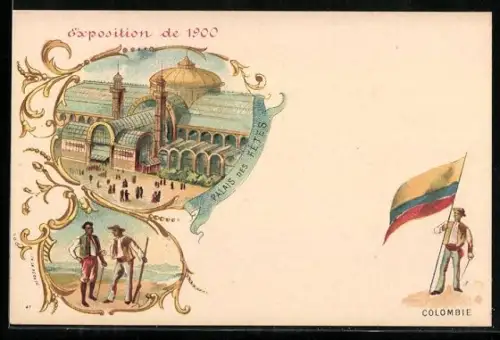 Lithographie Paris, Exposition universelle de 1900, Palais des Fêtes, Colombie