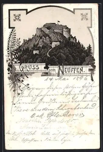 Lithographie Neuffen, Blick auf Burg Hohen Neuffen