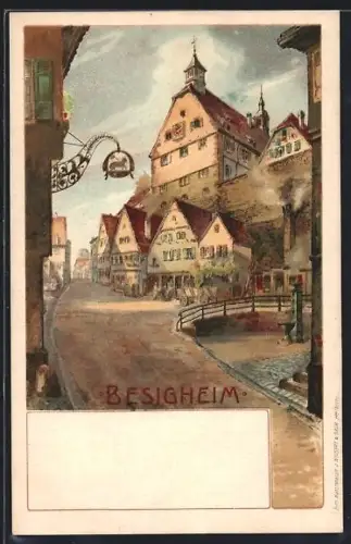 Lithographie Besigheim, Strassenpartie, Gasthaus