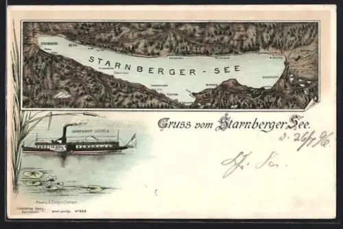 Lithographie Seeshaupt /Starnberger See, Panorama mit Starnberg, Ammerland und Bernried, Dampfschiff Leopold
